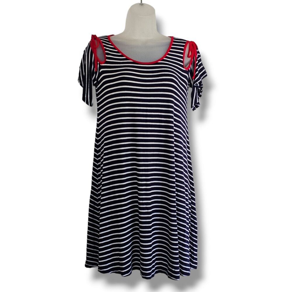 Expresso Mini Dress Womens Size M Nautical Stripe Tie Sleeve Navy Blue White Red